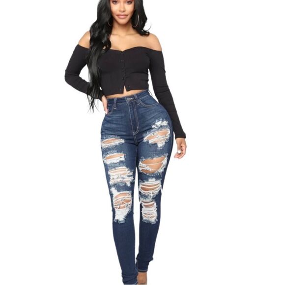 Fashion Nova High Rise Distressed Skinny Jeans 5 6 - Picture 2 of 16